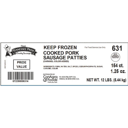 Odom Tennessee Pride Value Fully Cooked 3.25 Inch Formed Mild Sausage Patties, 1 x 154 x 1.25 oz Case - Frozen Meat &