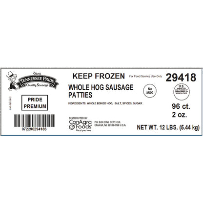 Odoms Tennessee Pride Premium Fresh Sliced 3 Inch Formed Mild Sausage Patties, 1 x 96 x 2 oz Case - Frozen Meat &