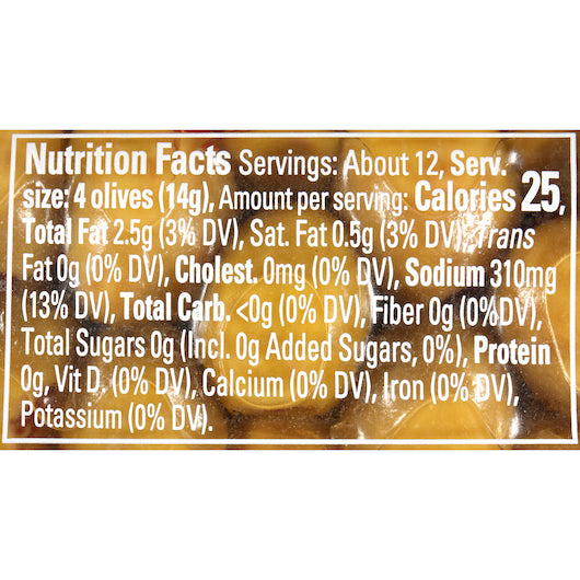 Pearls Stuffed Manzanilla Olives Jar, 12 x 5.75 oz Case - Nutrition facts label