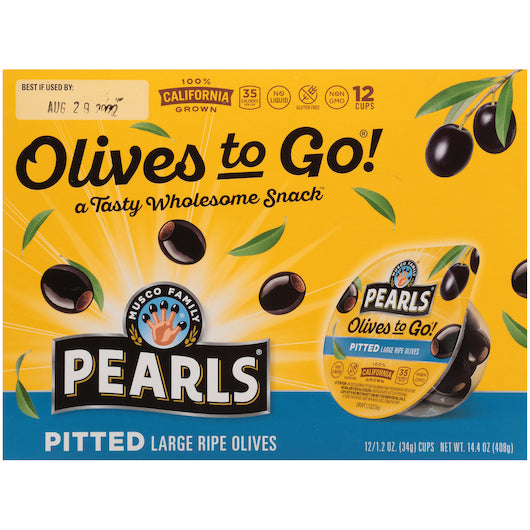 Pearls Black Ripe Olives To Go, 8 x 12 x 1.2 oz Case - Front/center packaged product image