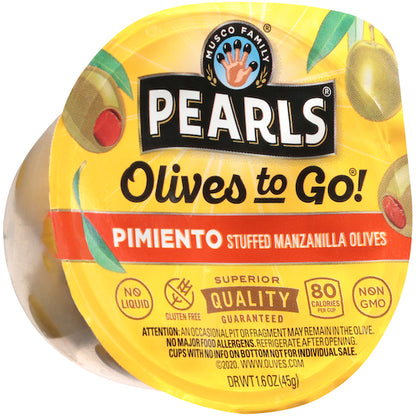 Pearls Pimento Stuffed Manzanilla Olives To Go, 8 x 12 x 1.6 oz Case - Condiments & Sauces