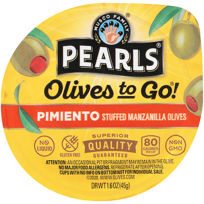 Pearls Pimento Stuffed Manzanilla Olives To Go, 8 x 12 x 1.6 oz Case - Condiments & Sauces