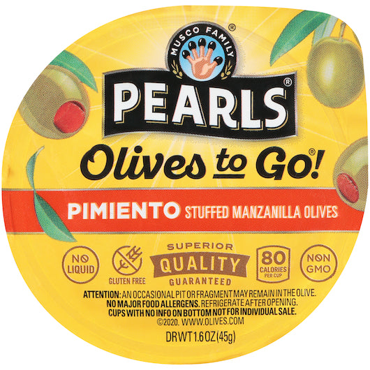Pearls Pimento Stuffed Manzanilla Olives To Go, 8 x 12 x 1.6 oz Case - Condiments & Sauces