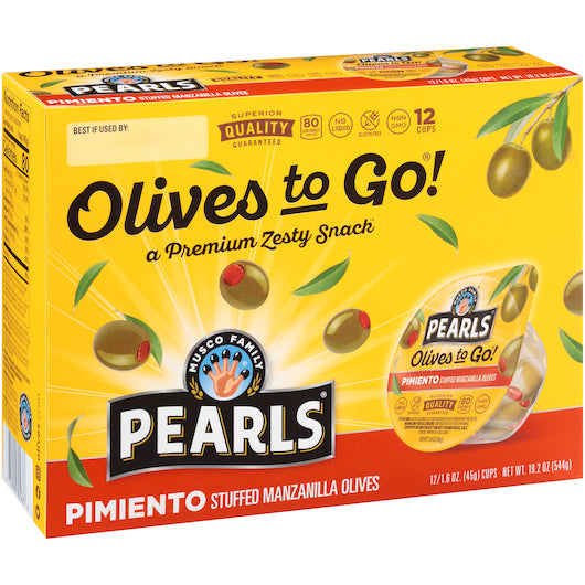 Pearls Pimento Stuffed Manzanilla Olives To Go, 8 x 12 x 1.6 oz Case - DOT product image 2