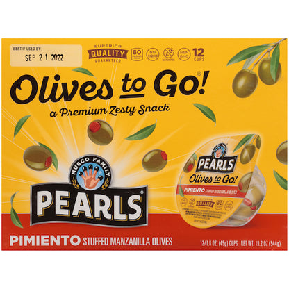 Pearls Pimento Stuffed Manzanilla Olives To Go, 8 x 12 x 1.6 oz Case - Front/center packaged product image