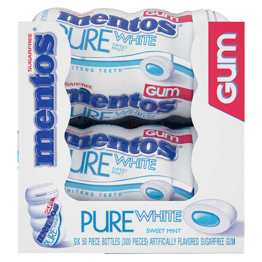 Mentos Sugar Free Pure Fresh Gum Pure White Curvy Bottle, 6 x 6 x 50 PC Case - Candy & Confections