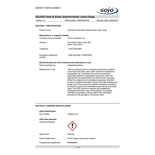 Gojo 800 Milliliter Gold & Klean Antimicrobial Lotion Soap, 1 x 12 each Case - DOT product image 2