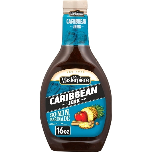 Kc Masterpiece Spiced Caribbean Jerk Marinade and BBQ Sauce Bottle, 6 x 16 fl oz Case - Condiments & Sauces