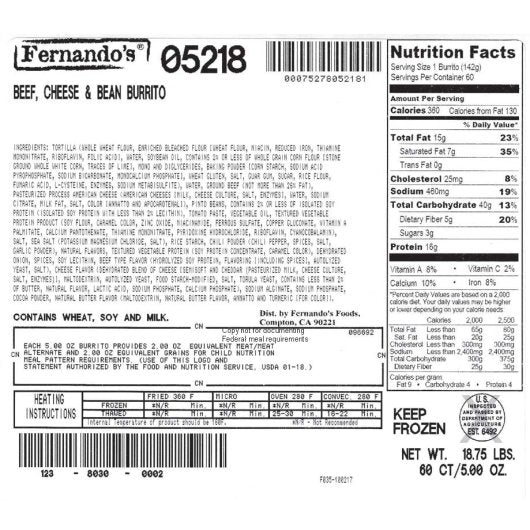 Fernandos Whole Grain Beef, Chili, Cheese & Bean Burrito, 1 x 60 each Case - DOT product image 4