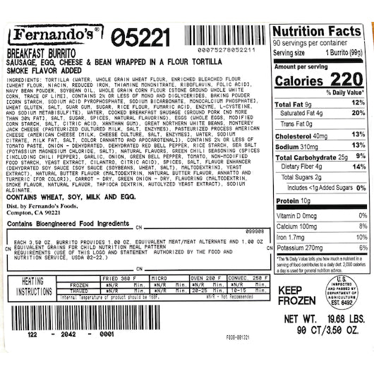 Fernandos Whole Grain Whole Grain, Labeled, Pork Sausage Egg & Cheese Breakfast Burrito, 1 x 90 each Case - DOT product image 4