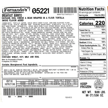 Fernandos Whole Grain Whole Grain, Labeled, Pork Sausage Egg & Cheese Breakfast Burrito, 1 x 90 each Case - DOT product image 4