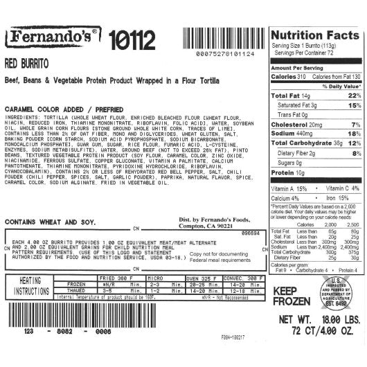 Conagra Fernandos Red Refried Bean, Beef & Red Chili Burrito, 1 x 72 each Case - DOT product image 5