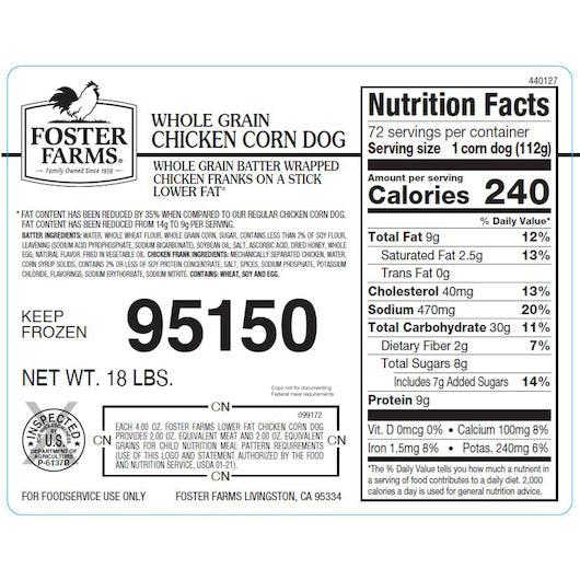 Foster Farms Low Fat Whole Grain Chicken Corndog, 72 x 4.25 oz Case - DOT product image 4