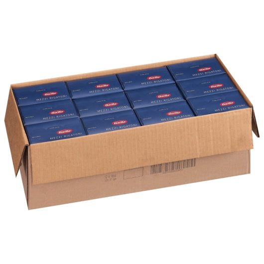 Barilla Mezze Rigatoni Pasta, 12 x 16 oz Case - GS1 open-case image