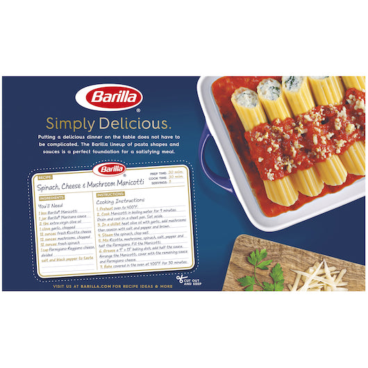 Barilla Medium Manicotti Pasta, 12 x 8 oz Case - Alternate product angle or state
