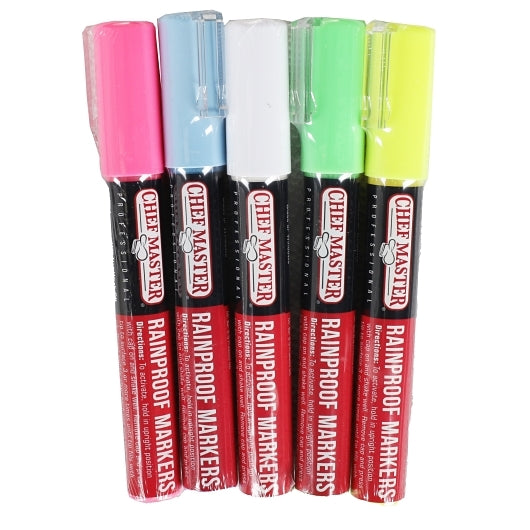 Chef-master 5 Blue, Pink, White, Green, & Yellow Rain Proof Markers, 1 x 1 each Case - GS1 product shown out of package