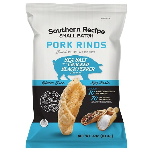 Southern Recipe Small Batch Sea Salt & Black Pepper Pork Rinds, 6 x 4 oz Case - Meat, Poultry & Seafood