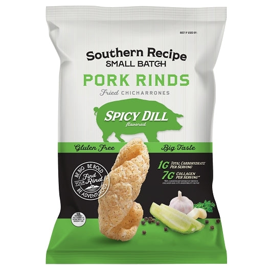 Southern Recipe Small Batch Spicy Dill Pork Rinds Case Clip, 6 x 2 oz Case - Meat Snacks