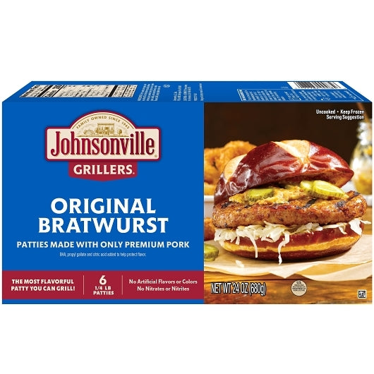 Johnsonville Uncooked Grillers Original Bratwurst Pork Sausage Patties, 9 x 24 oz Case - DOT product image 2