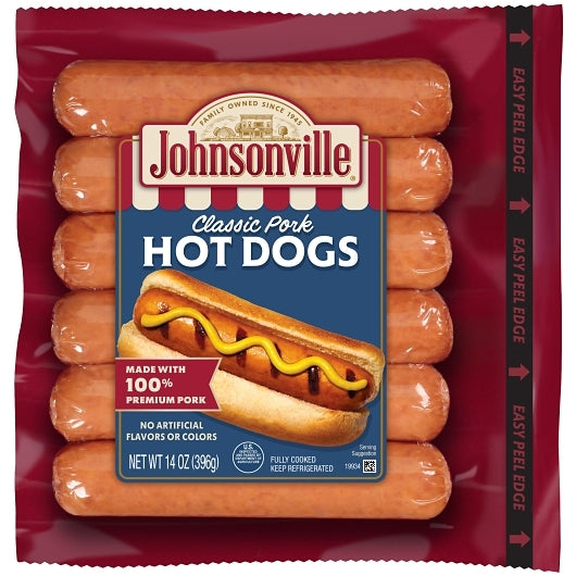 Johnsonville FullY Cooked Pork Hot Dogs Packages, 10 x 14 oz Case - Frozen Meat & Seafood