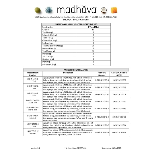 Madhava Organic Golden Light Agave, 6 x 11.75 oz Case - DOT product image 3