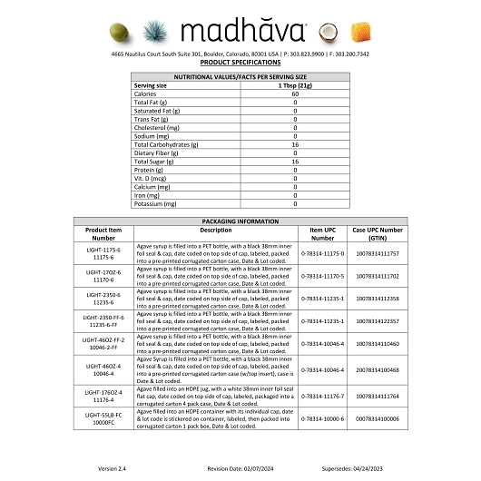 Madhava Organic Golden Light Agave, 4 x 11 lb Case - DOT product image 7