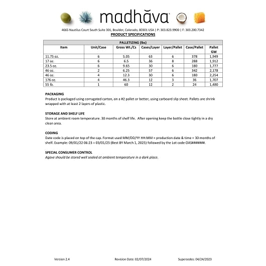 Madhava Organic Golden Light Agave, 4 x 11 lb Case - DOT product image 8