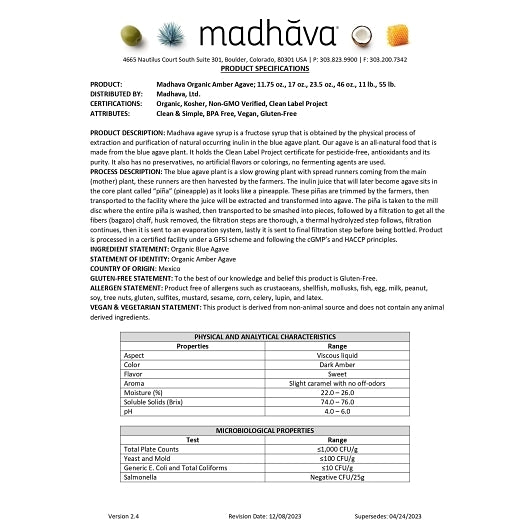 Madhava Organic Raw Amber Agave, 6 x 23.5 oz Case - Pantry Ingredients