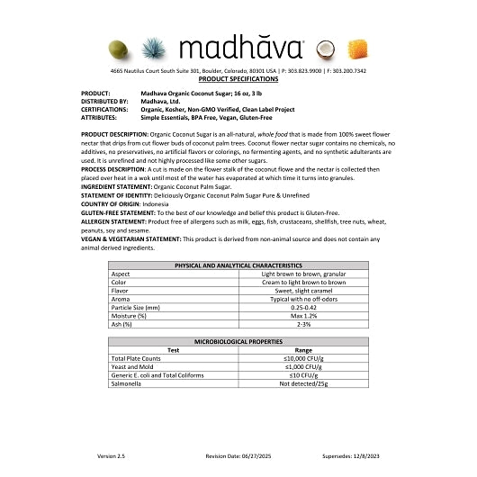 Madhava Organic Coconut Sugar, 4 x 3 lb Case - Pantry Ingredients