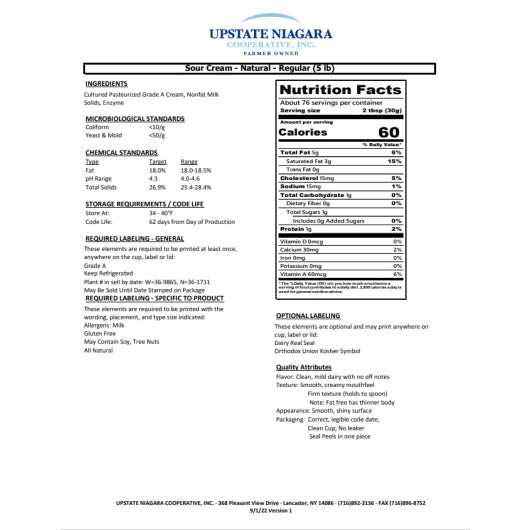 Upstate Niagara Coop Kosher Sour Cream, 4 x 5 lb Case - DOT product image 6