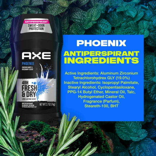 Axe Men's 48 Hour Phoenix Anti-Perspirant Deodorant Invisible Solid, 2 x 6 x 2.6 oz Case - Ingredients label
