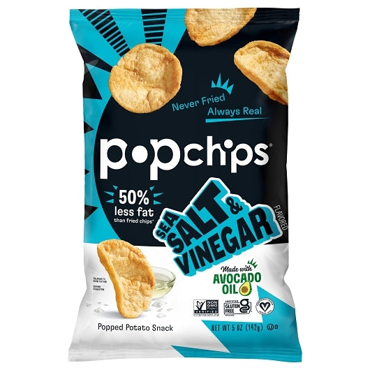 Popchips Avocado Oil Sea Salt & Vinegar Popped Potato Chips, 12 x 5 oz Case - Snacks