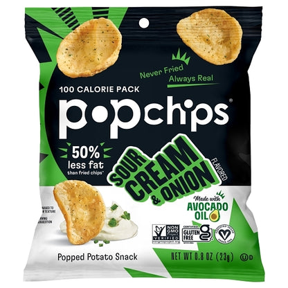 Popchips Avocado Oil Sour Cream & Onion Popped Potato Chips, 24 x 0.8 oz Case - Snacks