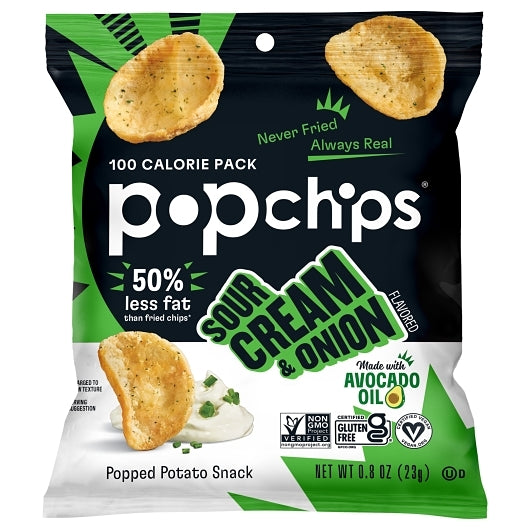 Popchips Avocado Oil Sour Cream & Onion Popped Potato Chips, 24 x 0.8 oz Case - Snacks