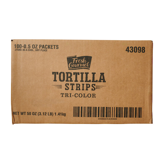 Fresh Gourmet Tri-Color Tortilla Strips Salad Topping Single Serve, 100 x 0.5 oz Case - DOT product image 5
