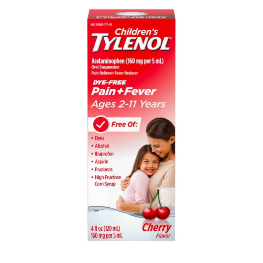 Tylenol Children's Dye Free Oral Suspension Cherry, 12 x 3 x 4 fl oz Case - Health & Personal Care