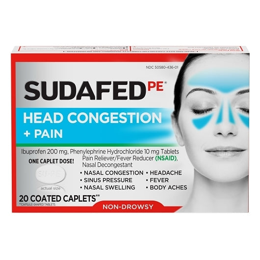 Sudafed Non-Drowsy PE Head Congestion & Pain Caplets, 8 x 3 x 20 ct Case - Health & Personal Care