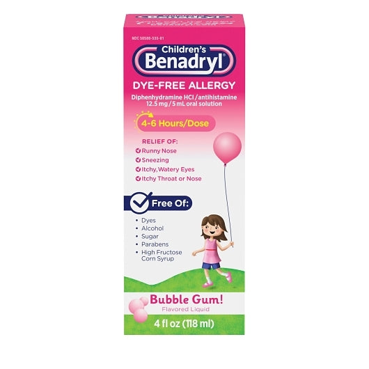 Benadryl Dye Free Allergy Liquid Bubblegum, 12 x 3 x 4 fl oz Case - Health & Personal Care