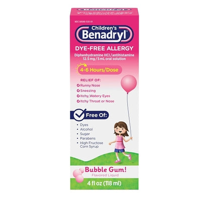 Benadryl Dye Free Allergy Liquid Bubblegum, 12 x 3 x 4 fl oz Case - Health & Personal Care