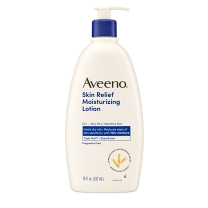 Aveeno Skin Relief Moisturizing Lotion Fragrance Free, 4 x 3 x 18 fl oz Case - Front/center packaged product image