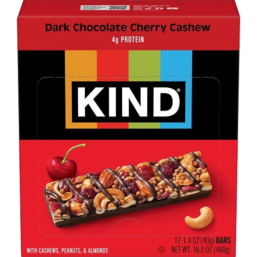 KIND HEALTHY SNACKS Dark Chocolate Cherry Cashew Bar, 6 x 12 x 1.4 oz Case - Snack Bars & Granola Bars