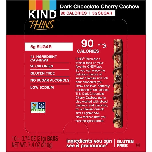 Kind Thins Dark Chocolate Cherry Cashew Bar, 6 x 10 x 0.7 oz Case - Nuts & Seeds