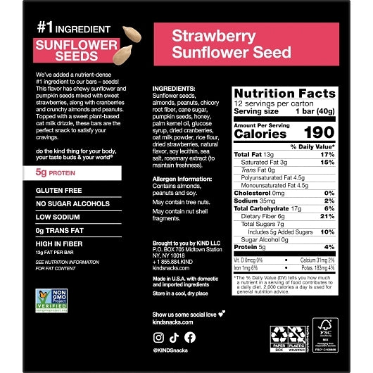 Kind Strawberry Sunflower Seed Fruit & Nuts Snack Bar, 6 x 12 x 1.4 oz Case - Nuts & Seeds - image 2