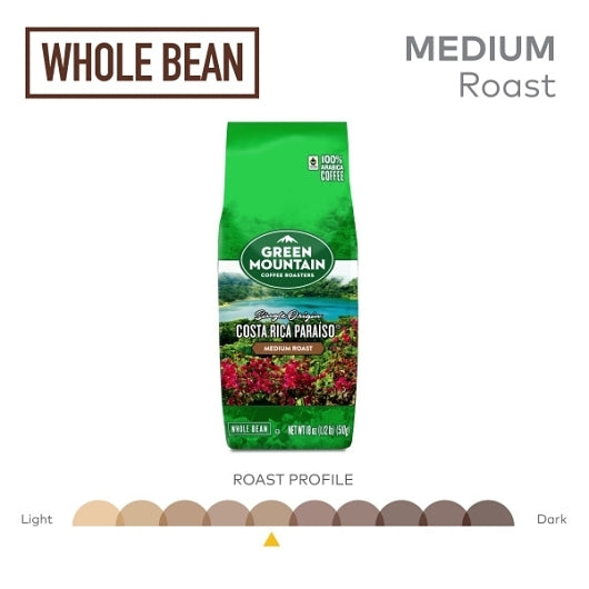Green Mountain Coffee Costa Rica Paraiso, 18oz Whole Bean, 6 x 18 oz Case - Coffee & Tea