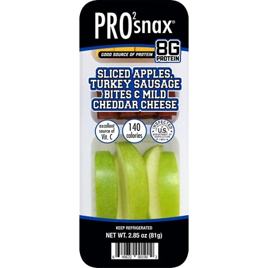 Pro2Snax Sliced Apples, Turkey Sausage Bites & Mild Cheddar Cheese, 12 x 2.85 oz Case - Frozen Meat & Seafood