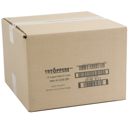 T.R. Toppers Box New York Petite Cheesecake Pieces Topping Bulk, 1 x 20 lb Case - Product image with supporting elements