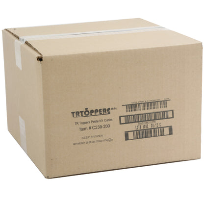 T.R. Toppers Box New York Petite Cheesecake Pieces Topping Bulk, 1 x 20 lb Case - Product image with supporting elements