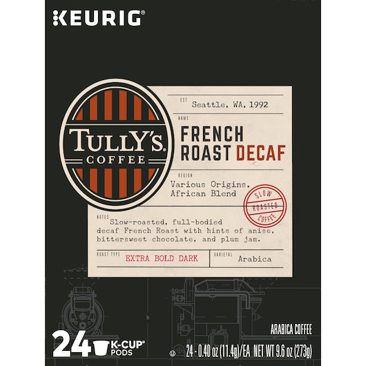 Tully's Coffee K-cup Pod French Roast Decaffeinated, 4 x 24 ct Case - Coffee & Tea
