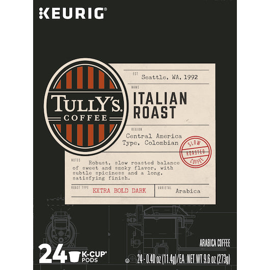 Tully's Coffee K-cup Pod Italian Roast, 4 x 24 ct Case - Coffee & Tea