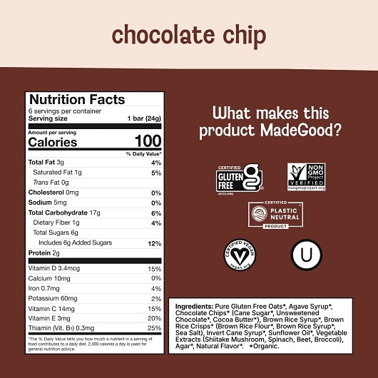 MadeGood Chocolate Chip Granola Snack Bar, 6 x 6 ct Case - DOT product image 6